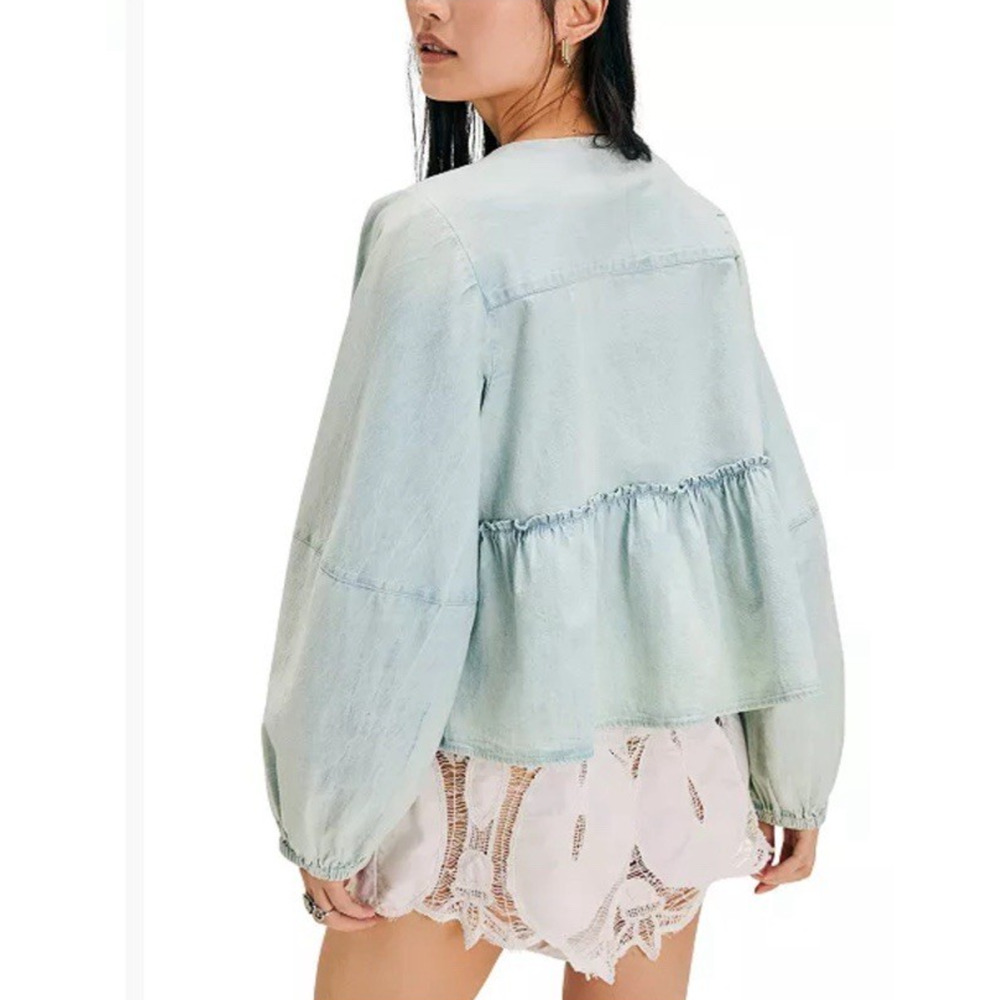 Free People Brunch Babe Self-Tie Denim Jacket Womens Size Large Blue Boho - Picture 2 of 10